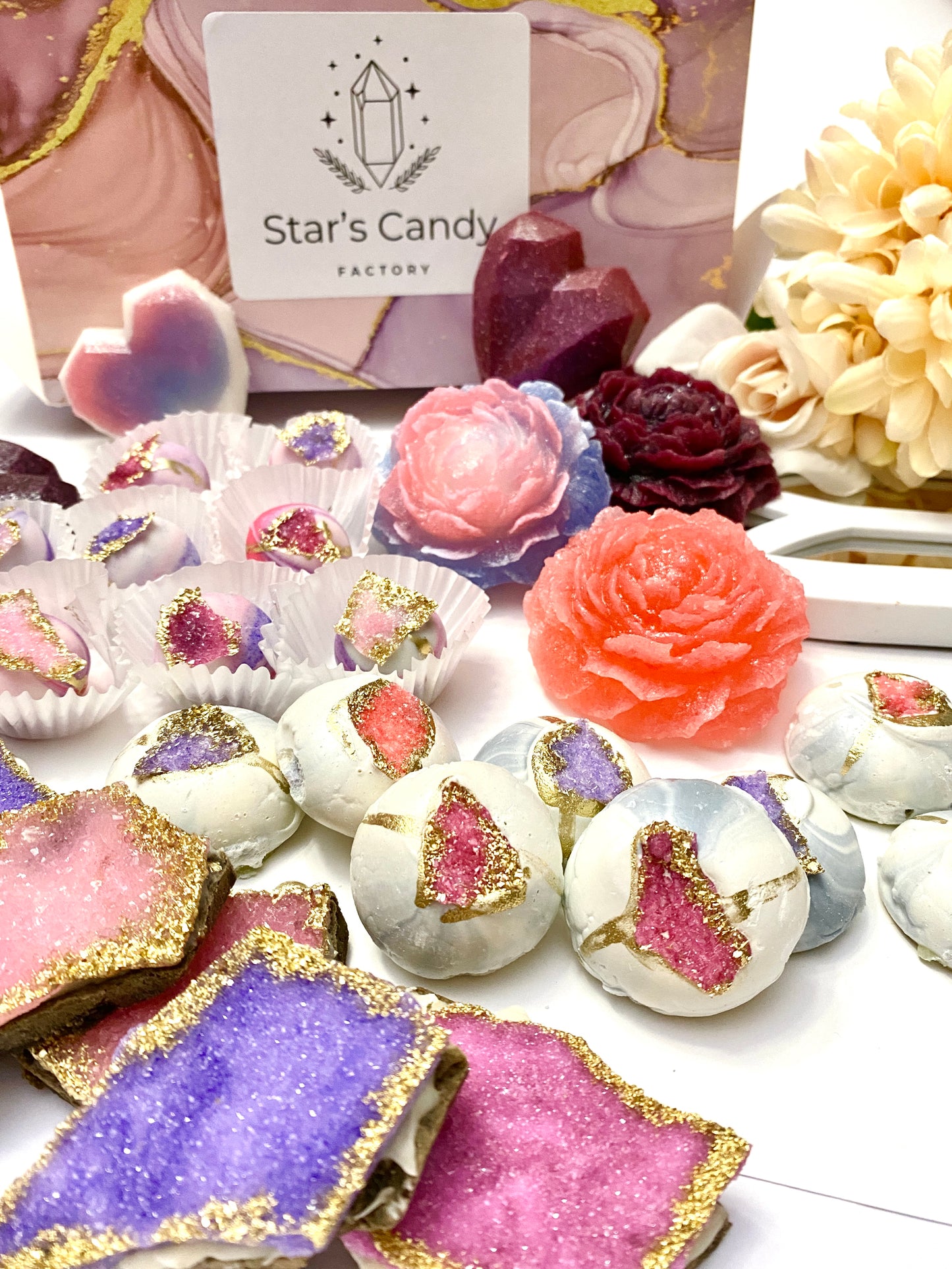 Gorgeous Boxed combination of delicious crystal geode themed treats. Kohakutou, crystal chocolate cookies, geode meringues, & geode truffles