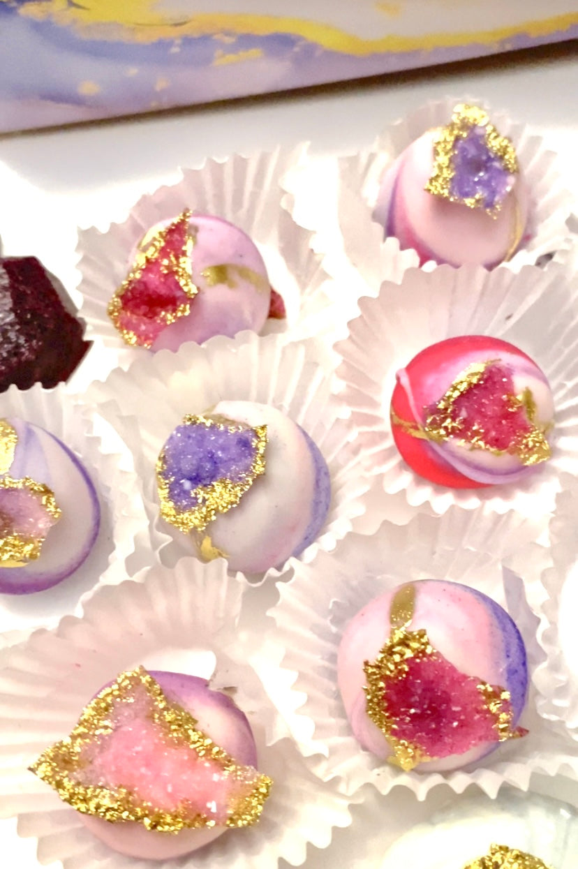 Gorgeous Boxed combination of delicious crystal geode themed treats. Kohakutou, crystal chocolate cookies, geode meringues, & geode truffles