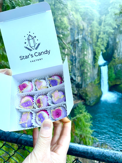 Gorgeous Boxed combination of delicious crystal geode themed treats. Kohakutou, crystal chocolate cookies, geode meringues, & geode truffles