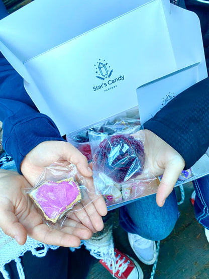 Gorgeous Boxed combination of delicious crystal geode themed treats. Kohakutou, crystal chocolate cookies, geode meringues, & geode truffles